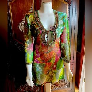 Beach Cover Up. Sheer Tropical print with beautiful beaded neckline and cuffs.